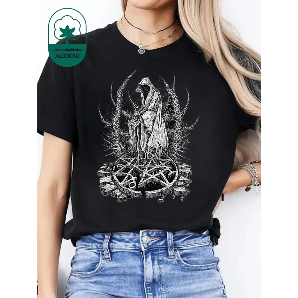 Camiseta Ceifador Pentagrama Estampada Larga Respiravel Versátil Confortável Moderna Estilosa Casual
