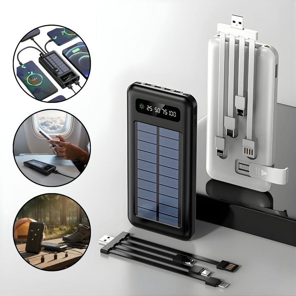 Power Bank 20000mah Carga Rápida Turbo Carregador com Painel Solar 5 em 1 com Lanterna