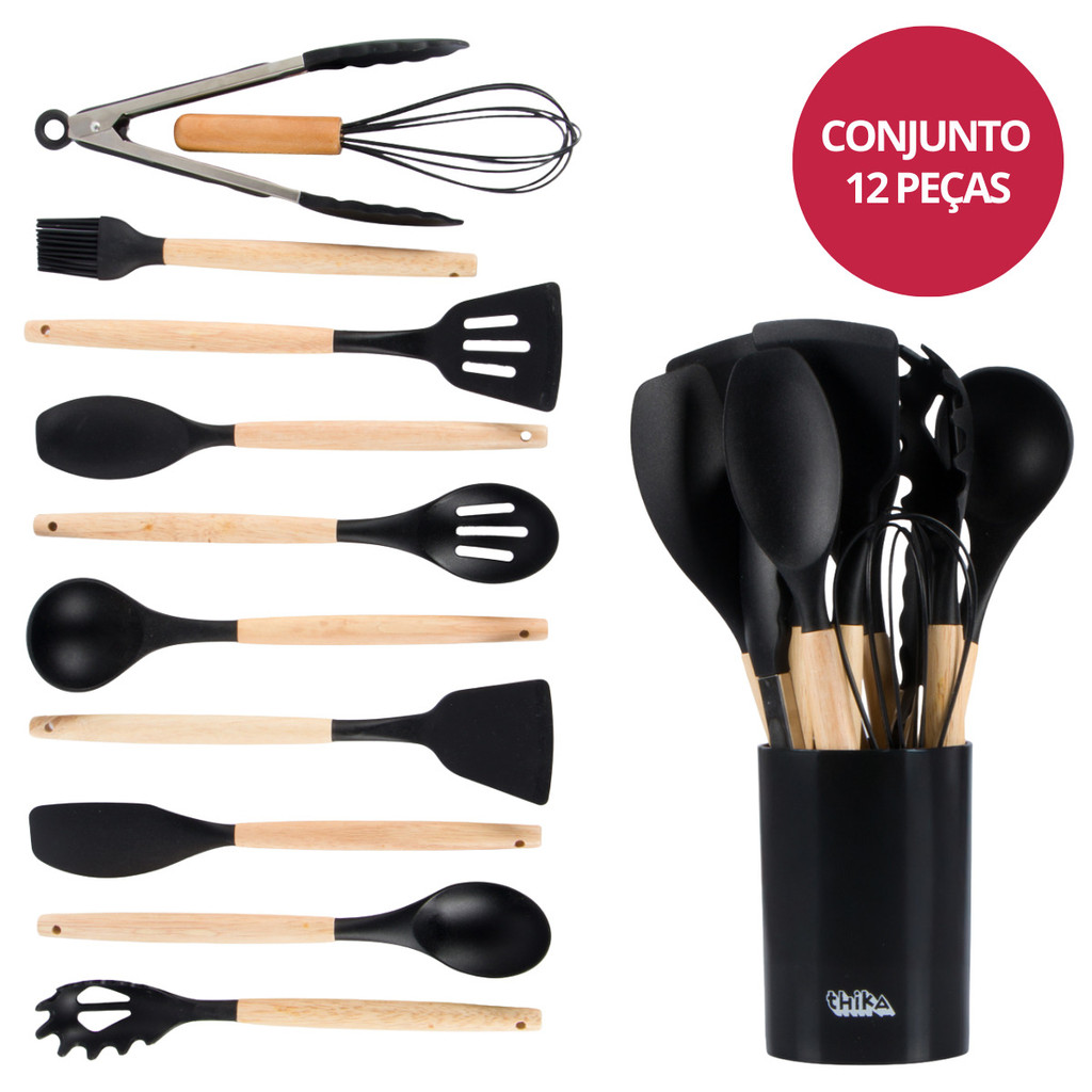 Kit Utensílios Cozinha Silicone 12 Pçs c/ Suporte Preto