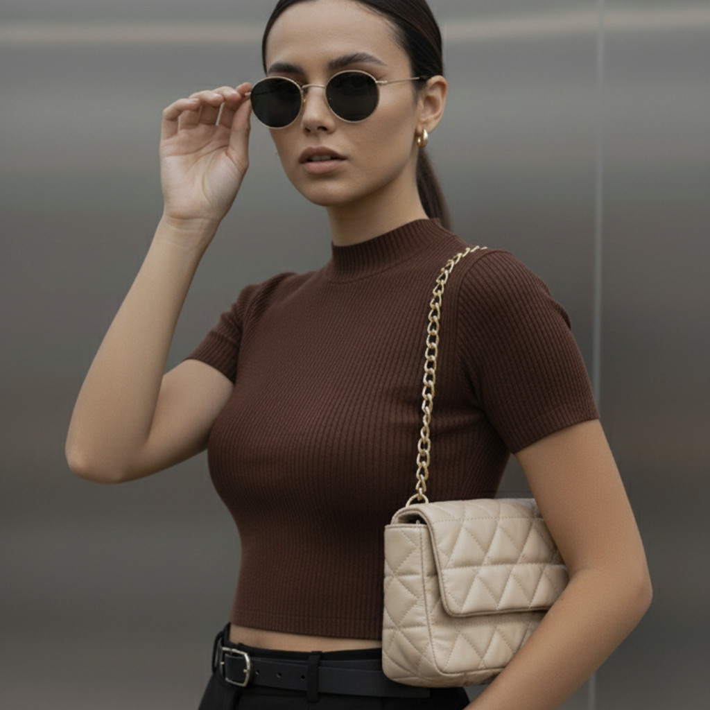 Top Cropped Canelado Gola Alta Manga Curta Feminina Blusinha Slim Gola Media Moda Gringa Baby Look Blogueira Verão Slim