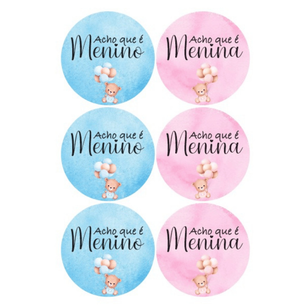 Adesivo Chá Revelação Acho que é Menino,  Acho que é Menina Azul, Rosa, Verde e Lilás 4,5cm em Oferta na Shopee