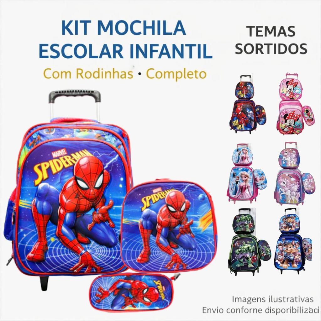 Kit Mochila Escolar Infantil com Rodinhas + Lancheira Térmica e Estojo Completo