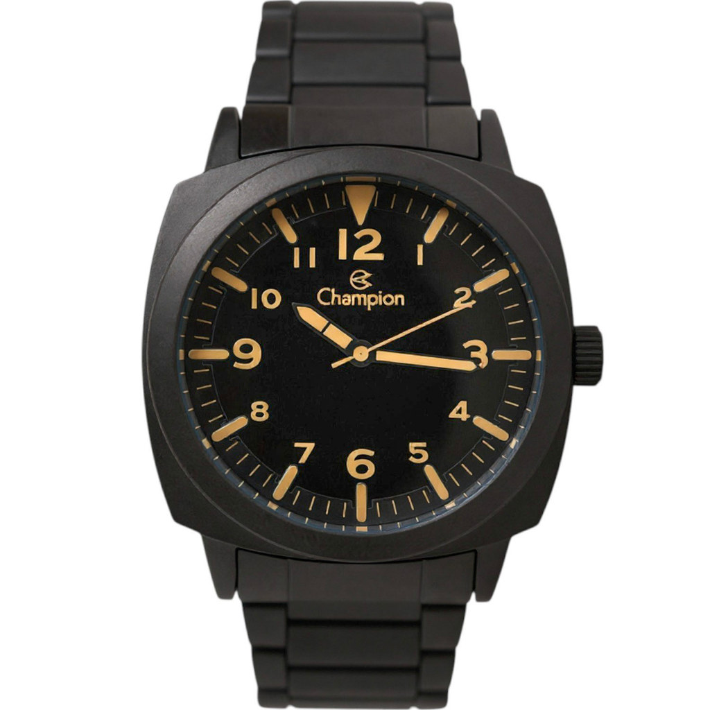 Relogio De Pulso Champion Masculino Aço Preto Com Caixa Preta E Mostrador Em Dourado Modelo CH30297D