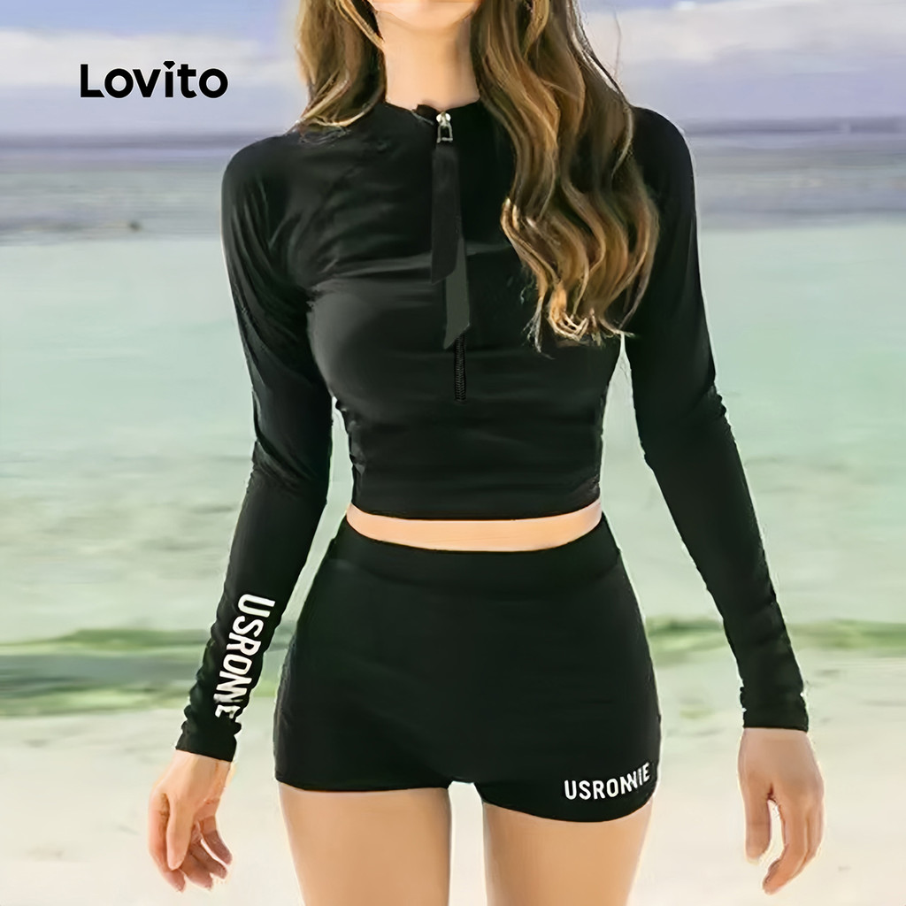 Lovito Conjuntos de Biquíni Esportivo 2 Peças Conjunto de Biquíni Preto com Estampa para Primavera/Verão LNE130X054 em Oferta na Shopee