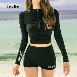 Lovito Férias Conjuntos de Biquíni Esportivo 2 Peças Conjunto Feminino Preto com Estampa para Primavera/Verão LNE130X054