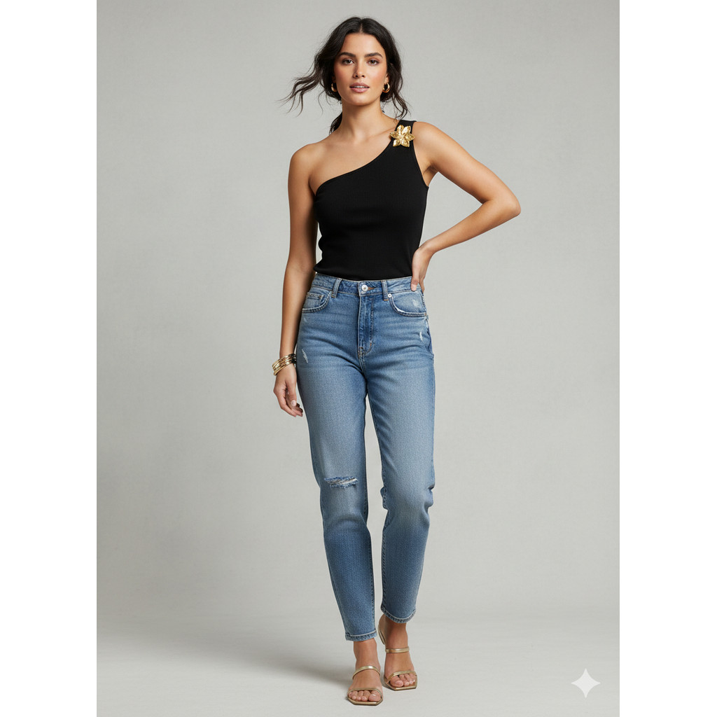 Blusinha Ombro só Canelado Fivela Flor Feminina Nula Manga Elegante Tendência Verão Casual Social Moda