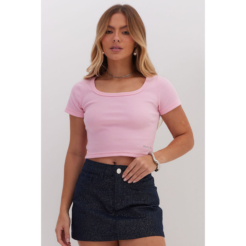 Baby Look Cropped Canelado Planet Girls Rosa em Oferta na Shopee
