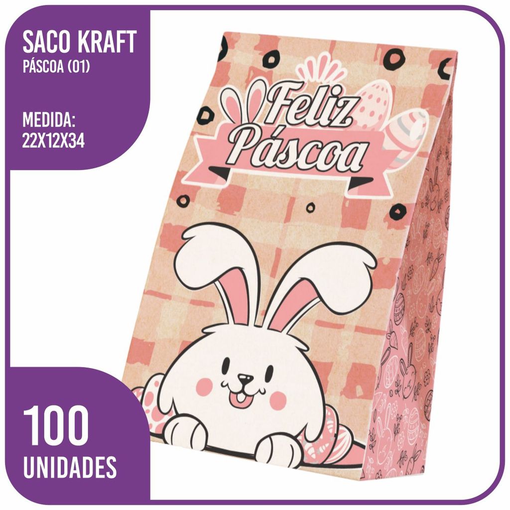 Saco Kraft Feliz Páscoa (01) M 22x12x34 - (100 Unidades)