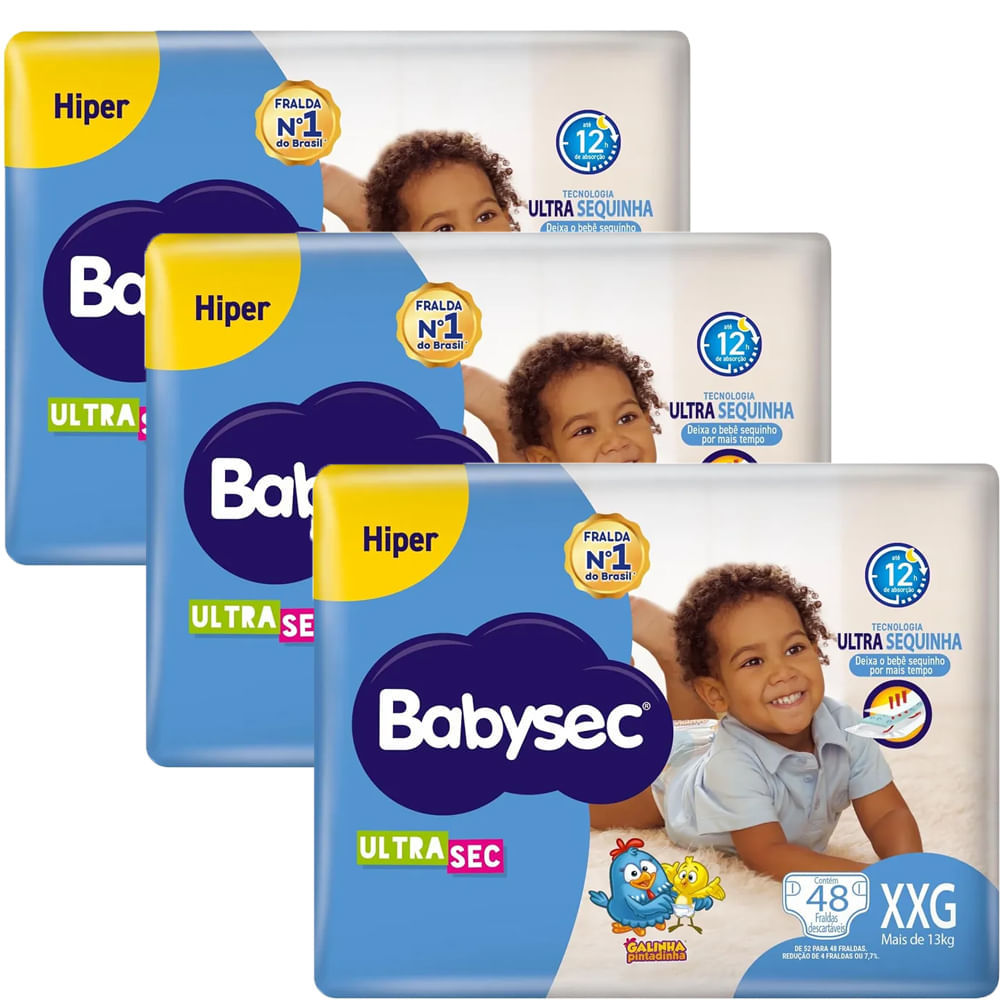 Kit Fralda Descartável Babysec UltraSec Hiper XXG Com 48 Unidades - 3 Unidades