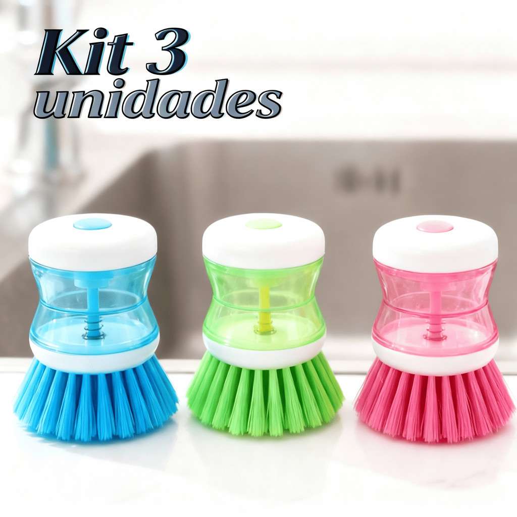 Imagem Kit 3 Escova Lava Louças com Recipiente 8,5CM Limpeza Multiuso Dispenser Detergente Não Risca Dosador Cozinha