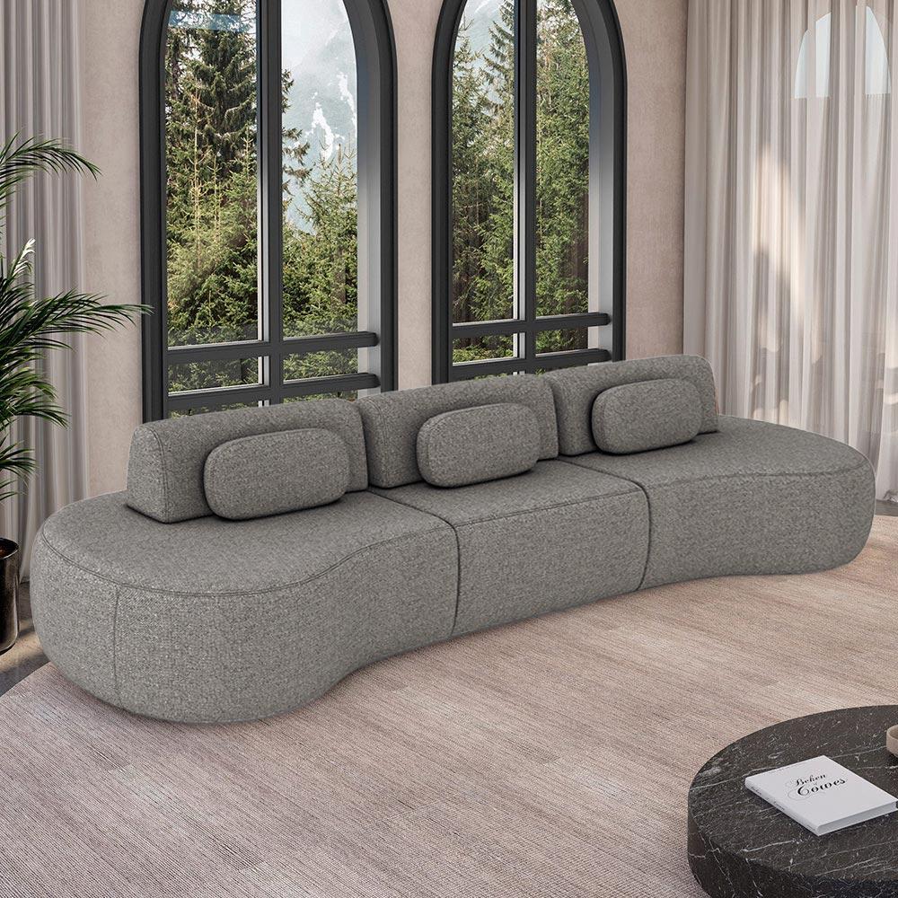 Imagem Sofá Sala de Estar Modulado França 326cm Encosto Articulável com Almofadas Linho Cinza Escuro G45 - Gran Belo
