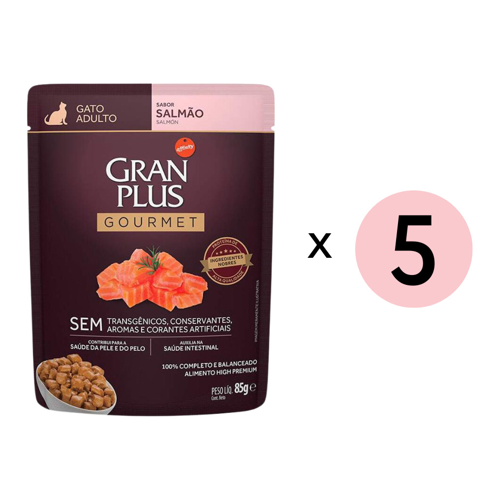 Kit 5 Ração Úmida Gran Plus Gourmet Gatos Adultos Salmao Sachê 85Gr