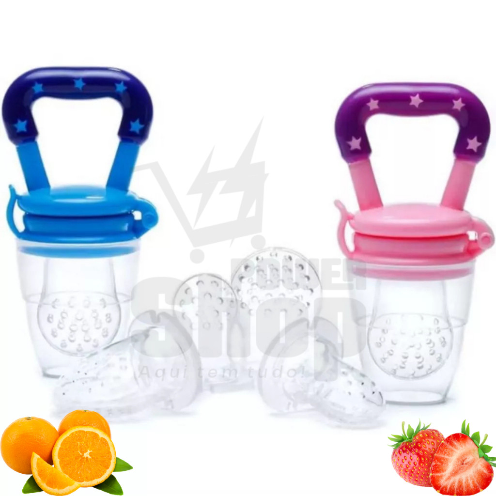 Chupeta Mordedor Alimentadora Bebê De Silicone Porta Fruta Azul e Rosa - Para Bebe