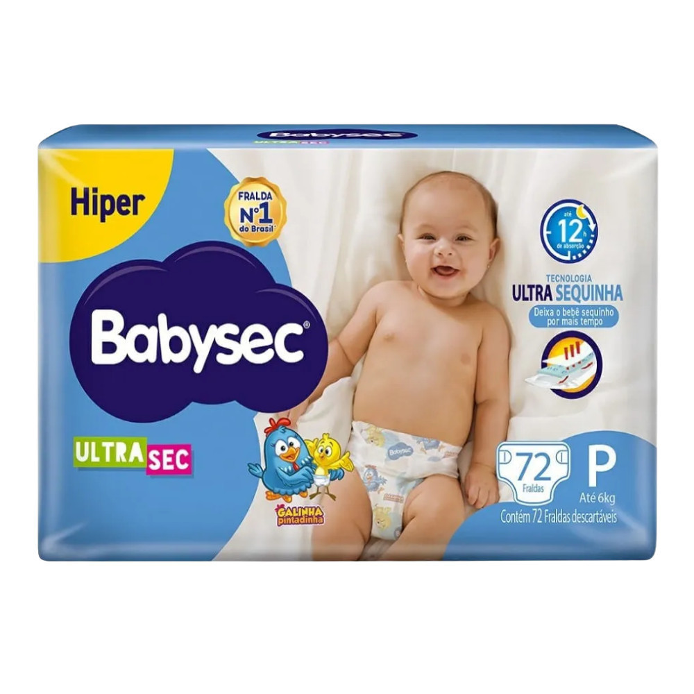 Pack 1x Fralda BabySec Ultrasec Galinha Pintadinha Hiper P 72un – Barreiras antivazamento