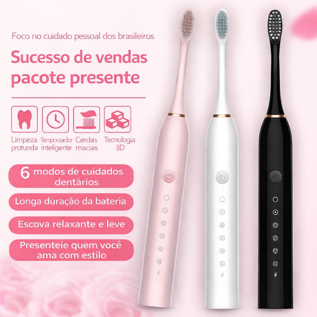 Escova de Dentes Elétrica Recarregável Sonic IPX7 com Limpeza Inteligente e Cerdas Ultra Macias