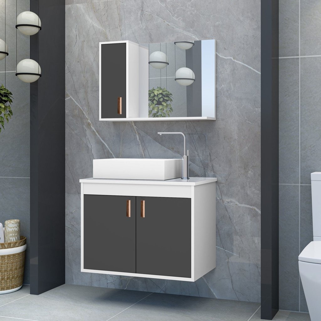 Gabinete para Banheiro com Cuba de Sobrepor e Espelheira 60cm Clean Branco/Grafite