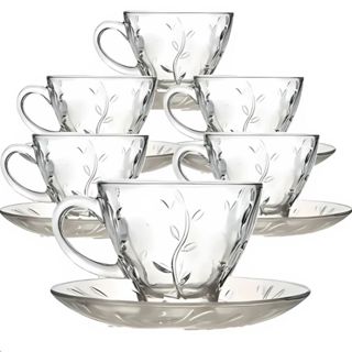 Jogo De Xícaras E Pires Em Vidro 6 Xícaras e 6 Pires Para Chá Café 220ml em Oferta na Shopee