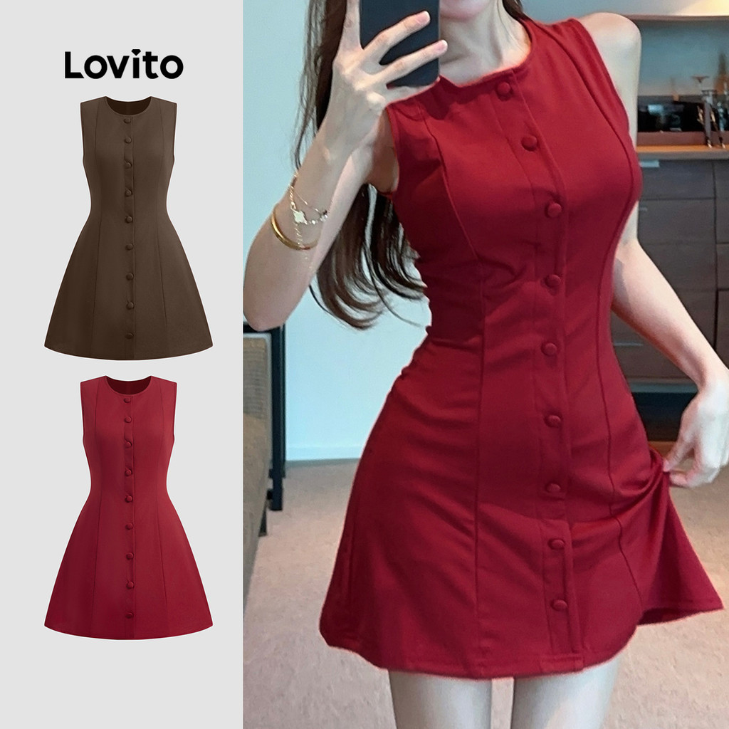 Lovito Vestido Casual Com Botões Frontais Cor Vinho Para Primavera/verão Feminino L150ED732 em Oferta na Shopee