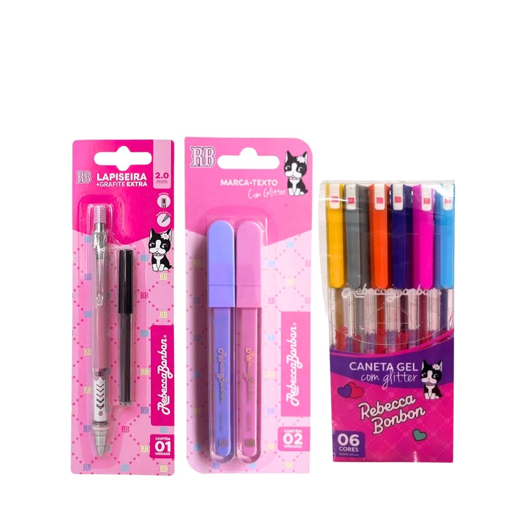 Kit Escolar Rebcca Bonbon Juvenil C/ Lapiseira e Grafite Extra + 6 Canetas Em Gel De Glitter e 2 Marca-Textos - Skypaper