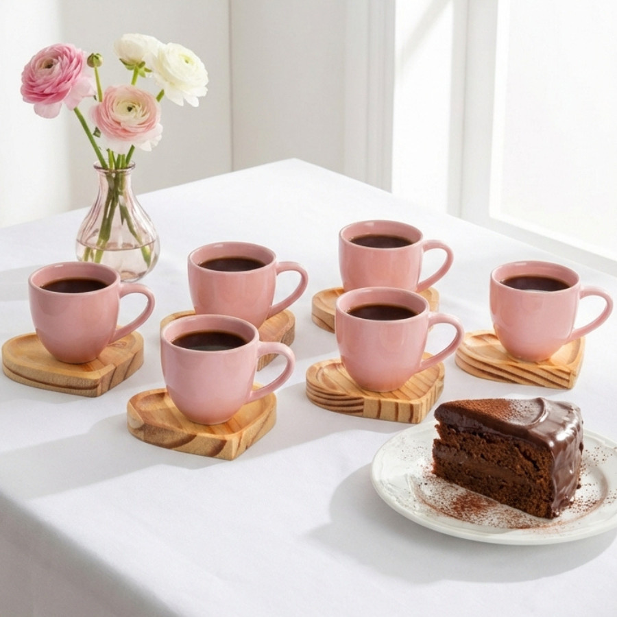 Jogo com 6 Xícaras de Café em Porcelana + 6 Pires Madeira Pinus Formato de Coração