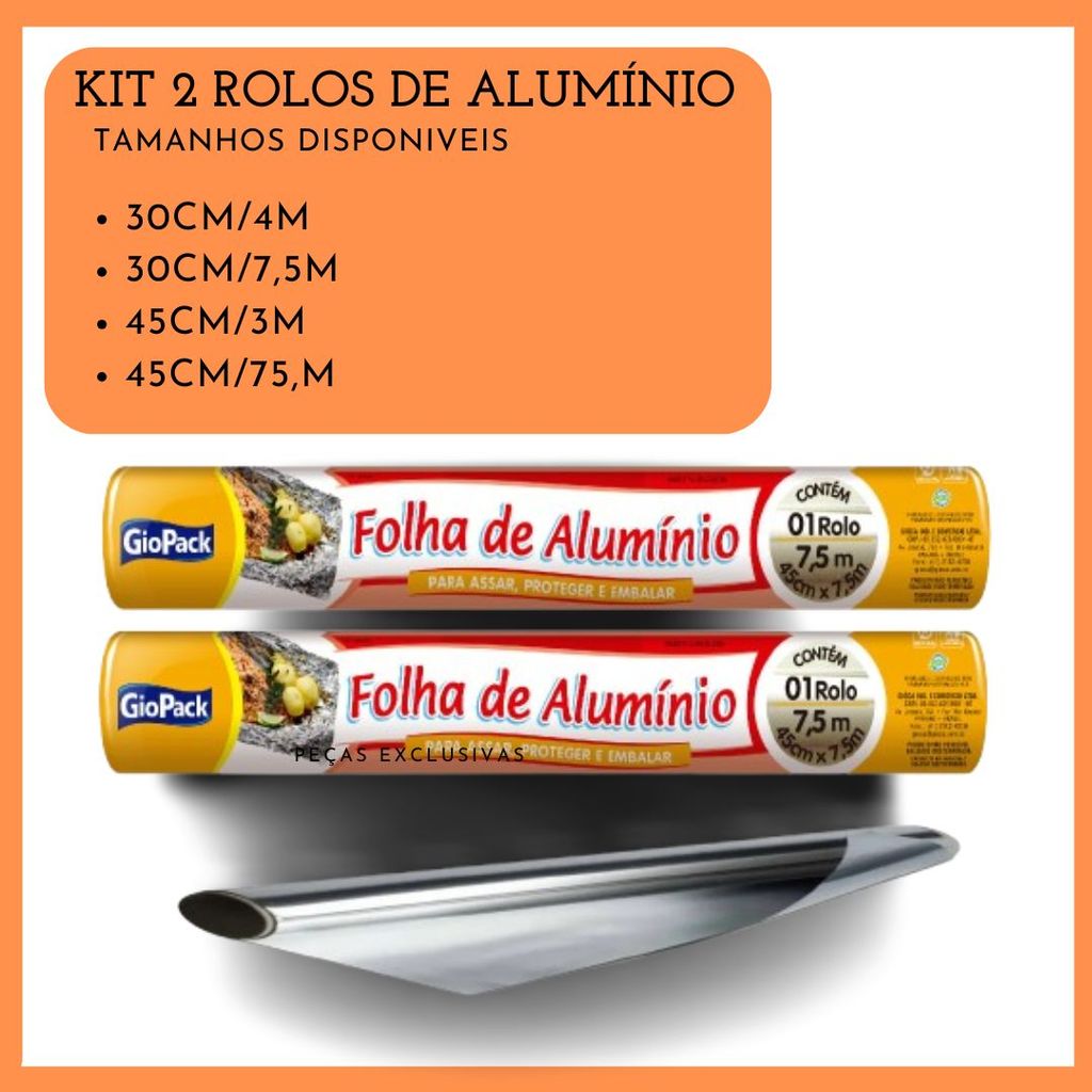 Imagem Kit 2 Rolos Papel Alumínio Resistente p/ Cozinha e Churrasco, 30cm e 45cm, Uso Doméstico e Profissional