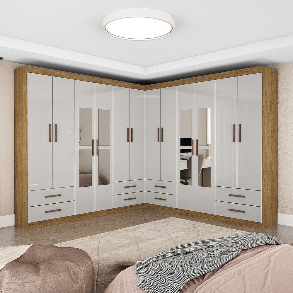 Closet Casal Duplo Lu 12 Portas Com Espelho 8 Gavetas Cinamomo Com Off White