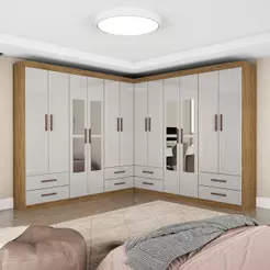 Closet Casal Duplo Lu 12 Portas Com Espelho 8 Gavetas Cinamomo Com Off White