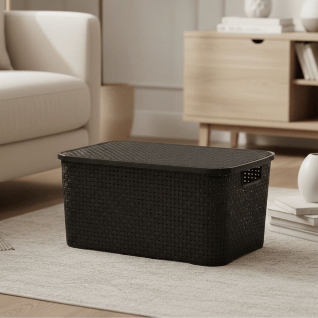 Caixa Organizadora Rattan 20L Preto Tampa Trava - ARQPLAST / Cesto Container Plástico 20 Litros