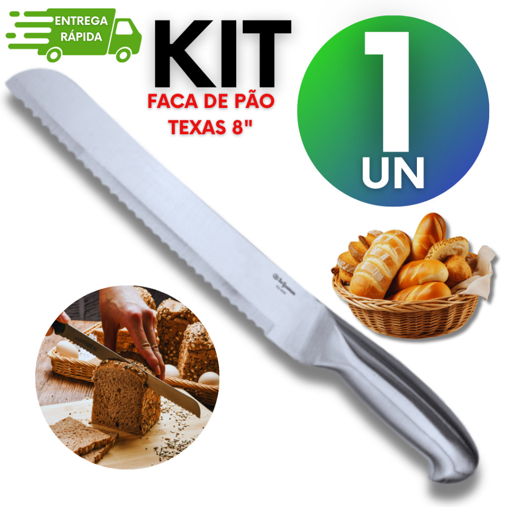 Faca de Pão Profissional 8” Aço Inox Inteiriço – Linha Texas Premium