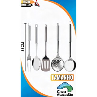 Kit 5 Utensílios de Cozinha em Aço Inox Colher De Arroz Concha Escumadeira Espatula vazada e Garfo em Oferta na Shopee