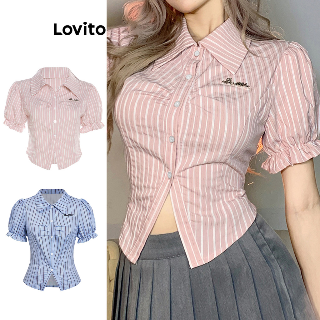 Lovito Blusa Casual Listrada Franzida Bordada Manga Bufante Para Mulheres L79AD103 (Multicolorido) em Oferta na Shopee