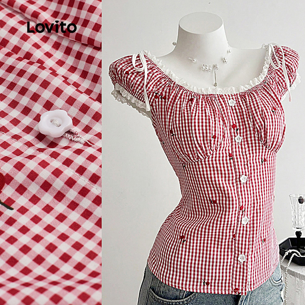 Lovito Blusa Feminina Fofa Com Amarração Nas Costas Vermelha Para Primavera/verão L144AD157 em Oferta na Shopee