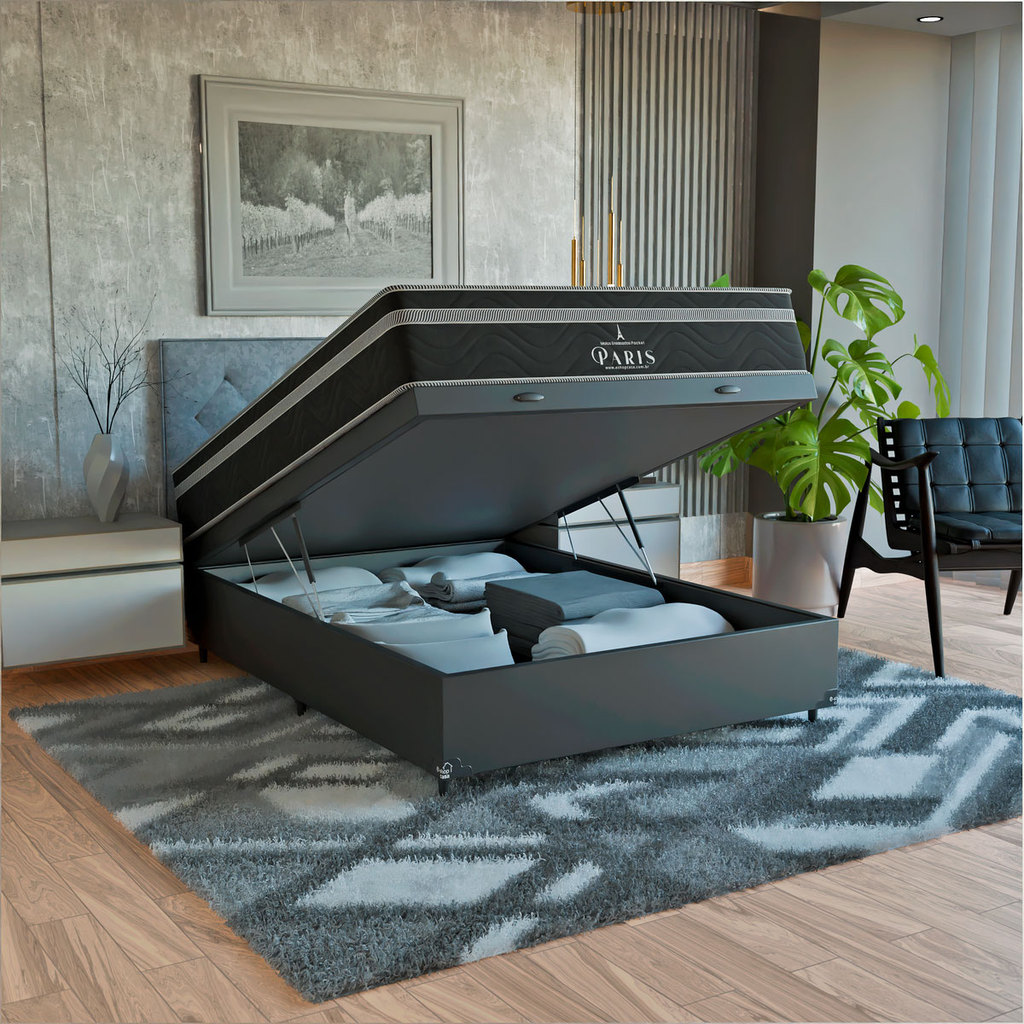Cama Box Baú Viúva Couro Preto + Colchão Paris Molas Cores