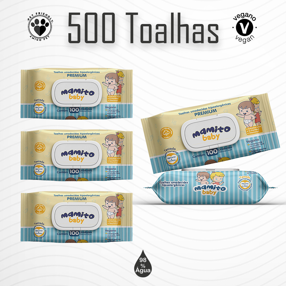 Kit com 05 Pacotes de Toalhas Umedecidas Mamito Baby Premium - 100 Folhas 20x13 Cm com Tampa em Oferta na Shopee