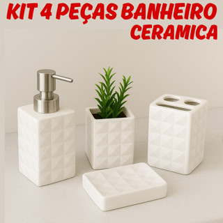 Kit Banheiro 4 Peças Porta Escova Dente Ceramica Textura Diamante Saboneteira Porta Sabonete Líquido em Oferta na Shopee