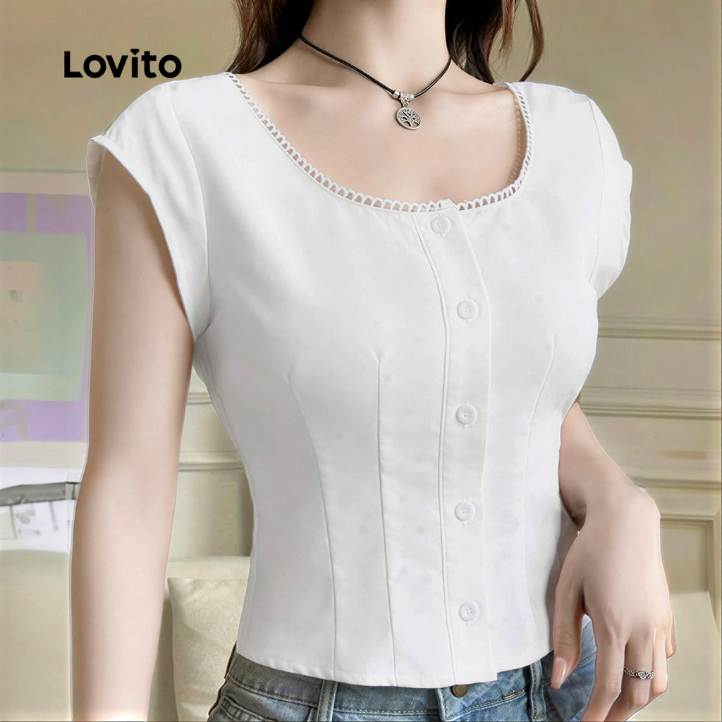 Lovito Blusa Casual Babado Decote Botões Estrutura Linha Blusa Branca para Mulheres L171AD057