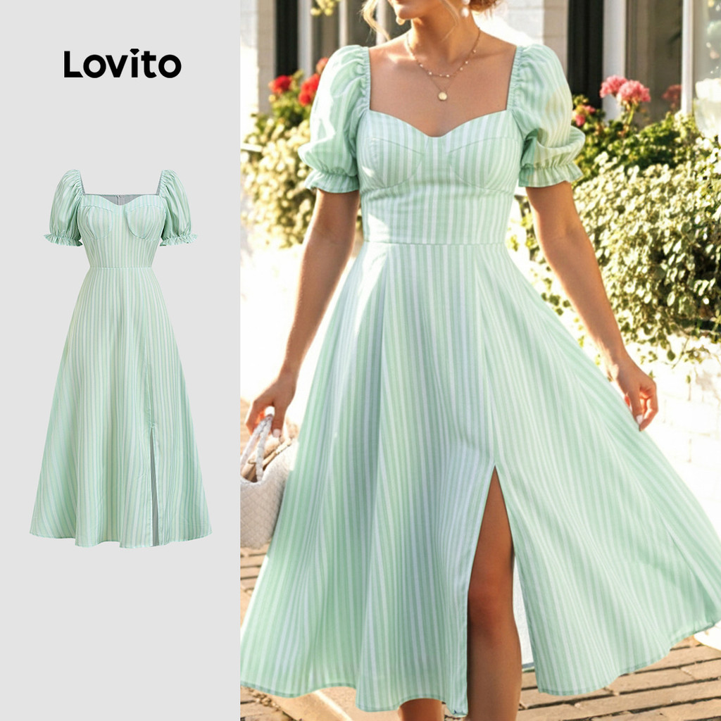 Lovito  Vestido Elegante com Zíper Dividido Primavera/verão Verde para Mulheres LBL32215 em Oferta na Shopee
