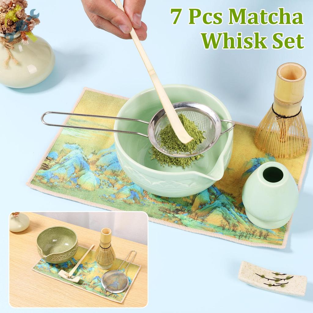 7 Pçs Cerâmica Matcha Tigela Colher Conjunto Batedor Toalha De Chá Resistente À Temperatura Japonês Kit Para Latte SHOPT