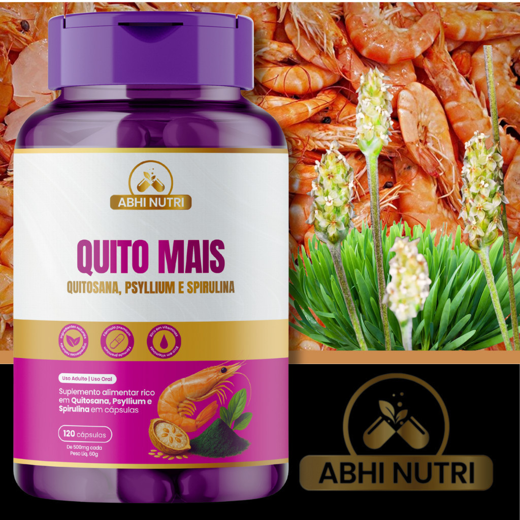 QuitoMais - Quitosana + Psyllium + Spirulina -120 Cápsulas de 500 mg - Kit 1,2e3 Frascos. ABHI Nutri
