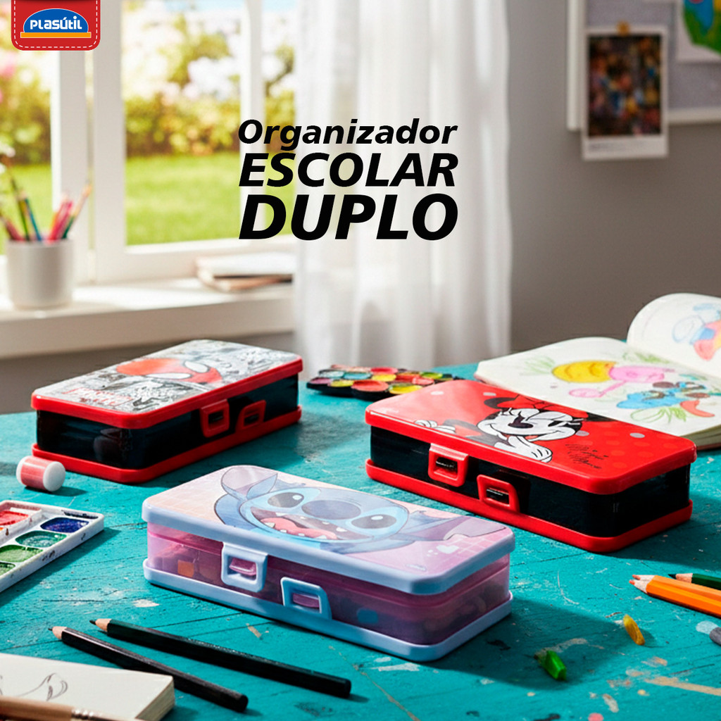 Estojo Escolar Organizador Duplo Divisão com Trava Tampa Articulada Stitch Minnie Homem Aranha