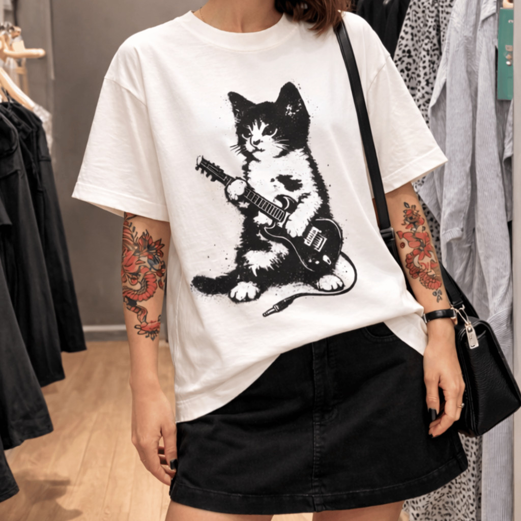 Camiseta 100% Algodão Y2K Estampa de Gatinho - Blusa Feminina Moda Streetwear Anos 200 Retrô