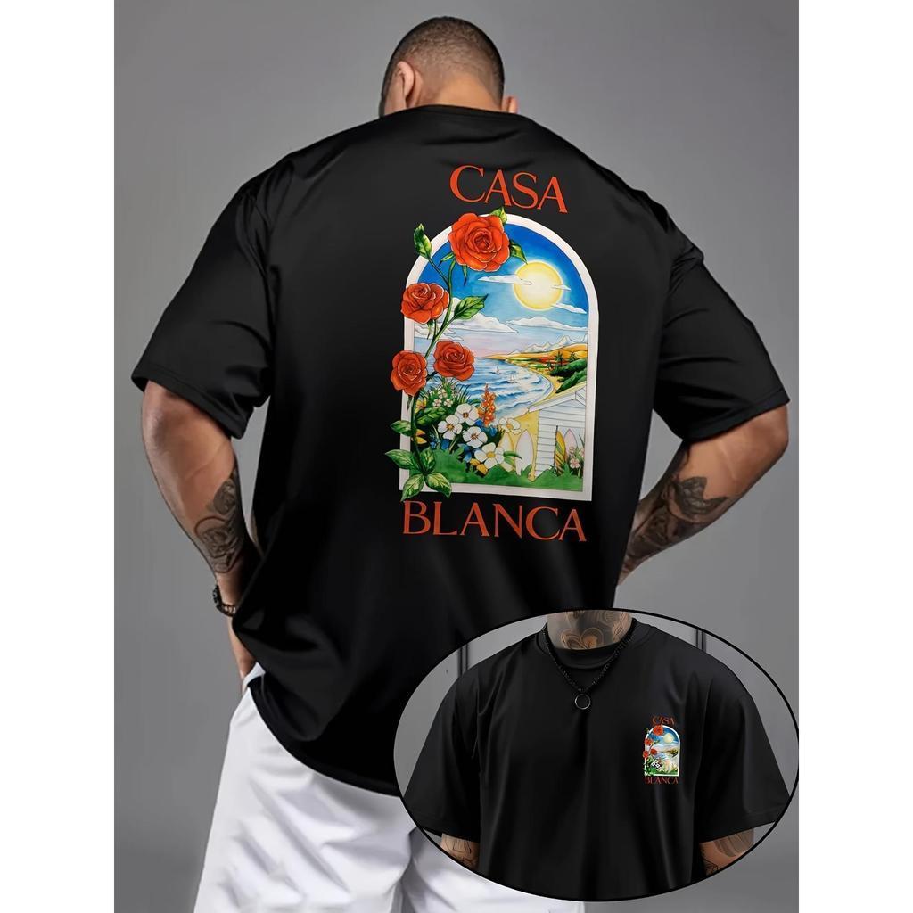 T-shirt casual de manga curta para homem - Estampa floral e paisagem Casa Blanca, folhas verdes vibrantes e céu ensolara