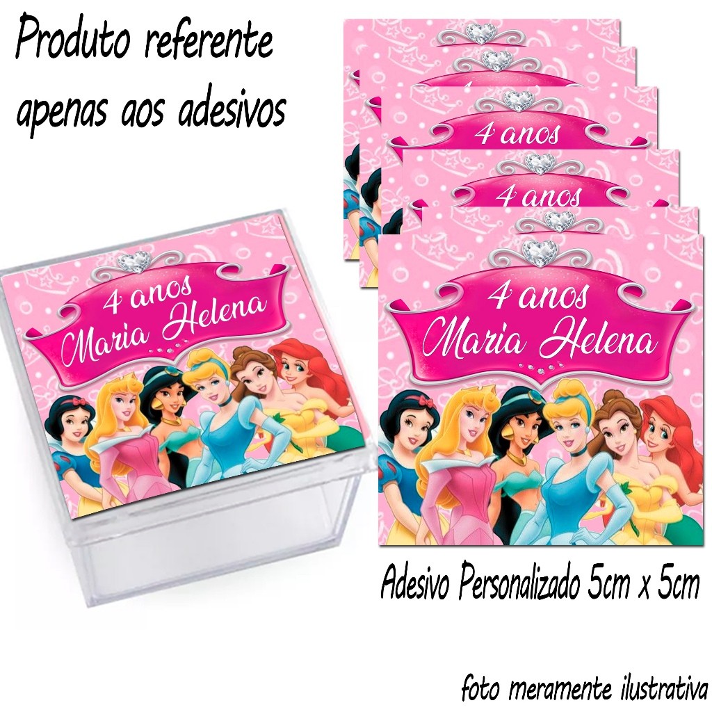 Kit Adesivos personalizados 5cmx5cm Tema Princesas Disney para caixinha Acrílica. Lembrancinha p/ Festa.