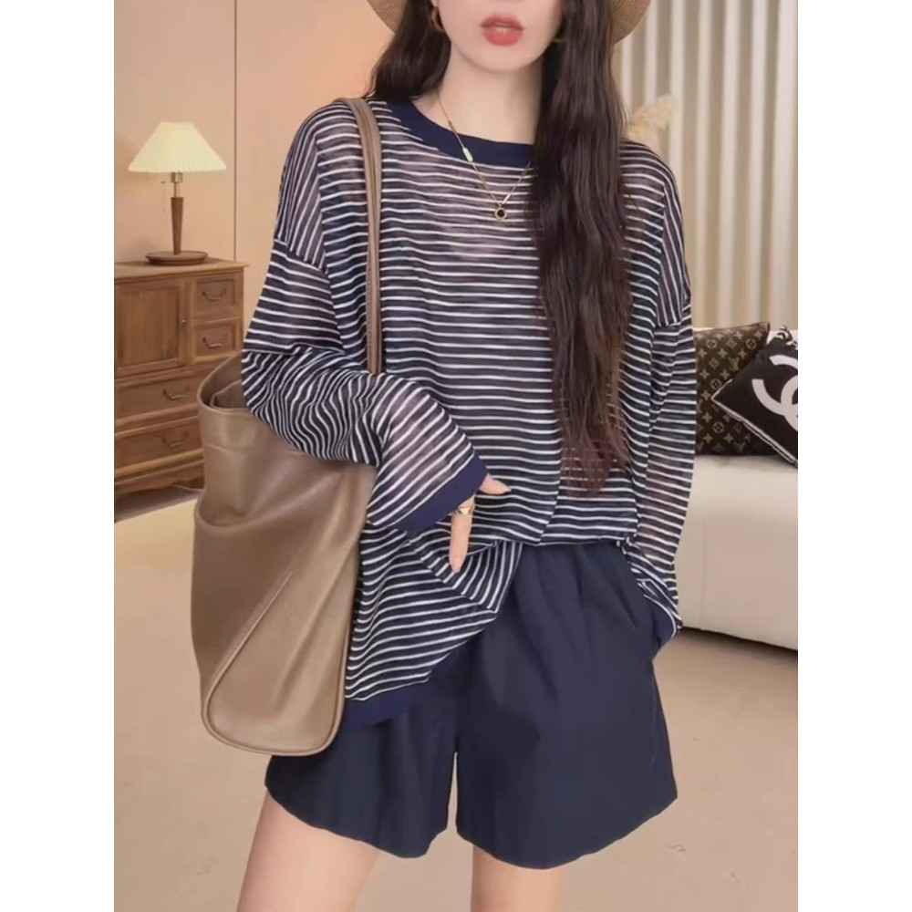 Estilo preguiçoso azul listrado manga comprida camiseta feminina verão fino solto Casual gelo seda protetor solar blusa 