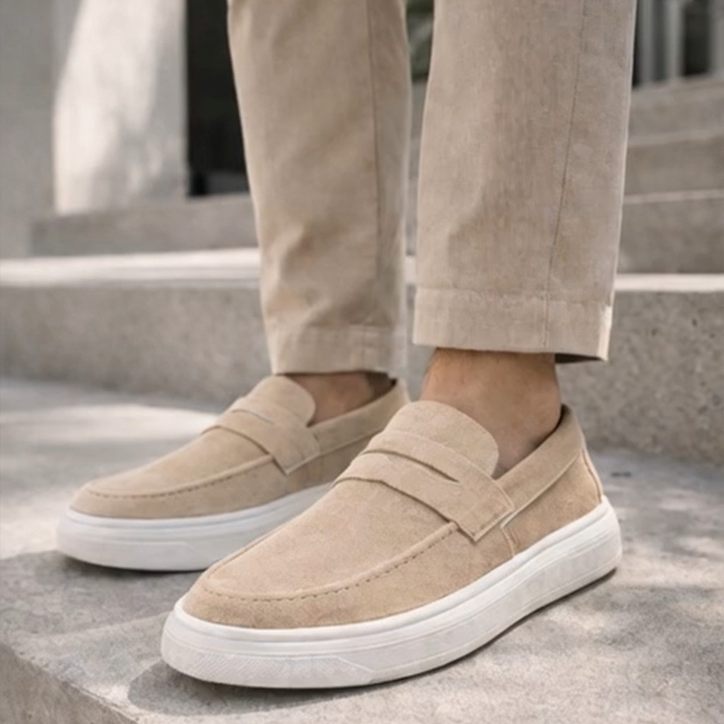 Sapato Casual Mocassim Masculino Camurça Leve Confortável Sola Branca