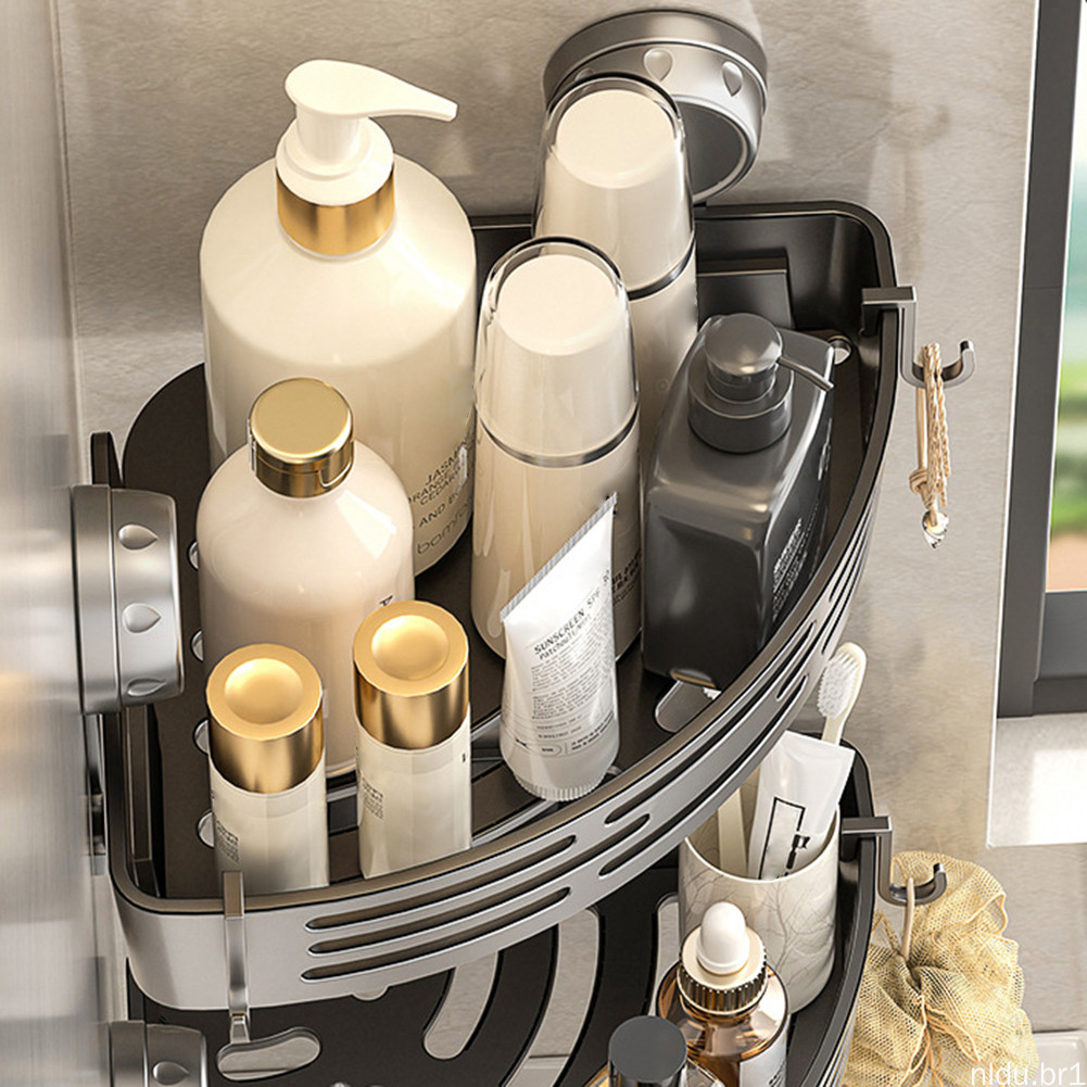 Cesta De Armazenamento Montada Na Parede Sem Perfuração Prateleira De Canto Multifuncional Para Banheiro Com Gancho Cond