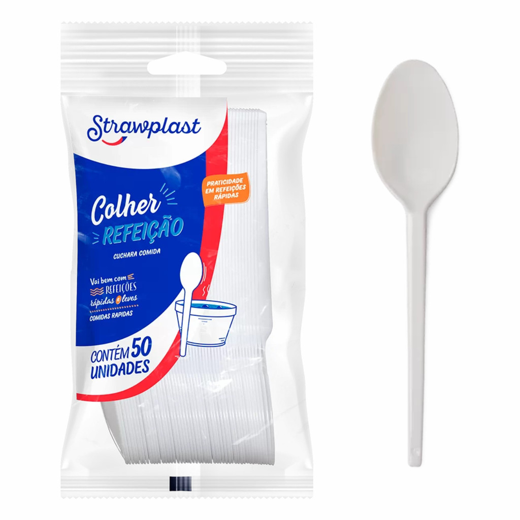 Kit Colher de Plástico para Refeição Strawplast Branca – 50 a 200 Unidades