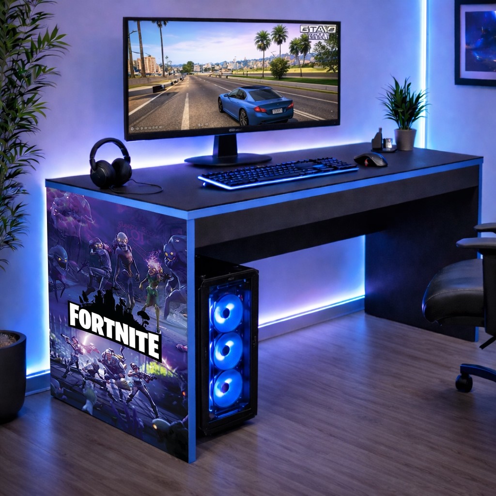 Mesa Escrivainha Mesinha Gamer Geek com borda Azul Fortnite Zumbie Quarto Infantil Achadinho Oferta