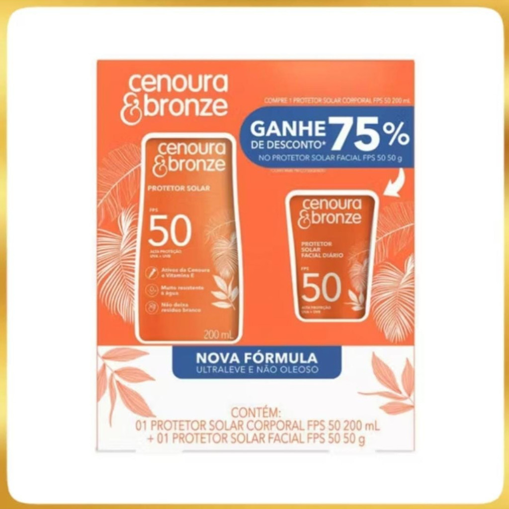 Kit Protetor Solar Cenoura e Bronze FPS 50 200ml + Facial Toque Seco FPS 50 50g Alta Proteção Corpo e Rosto