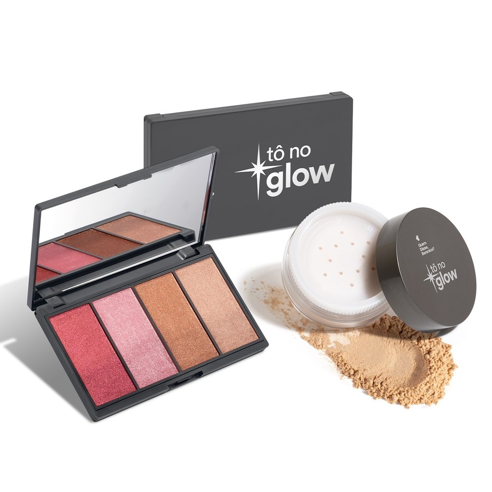 Combo Make Iluminada Tô No Glow: Paleta de Maquiagem Multifuncional 14,2g + Pó Solto Translúcido Cor 2 9g